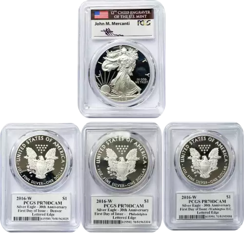 2016-W Silver Eagle Proof Lettered Edge 30th Anniversary City Location Set FDOI Mercanti (P,D,W)
