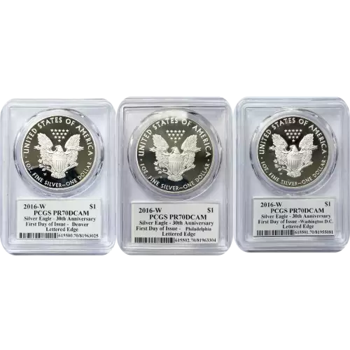 2016-W Silver Eagle Proof Lettered Edge 30th Anniversary City Location Set FDOI Mercanti (P,D,W) (2)
