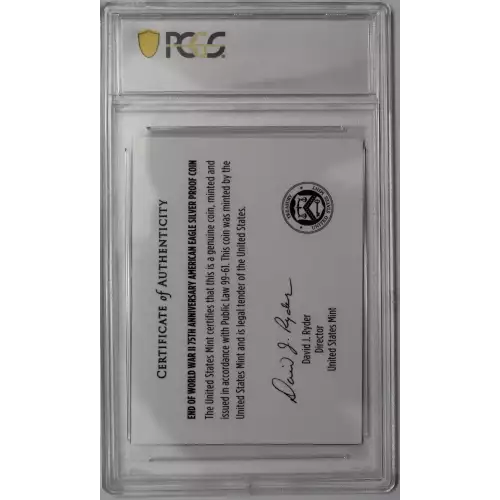 2020-W Silver Eagle Proof End of World War 2 V75 Privy PCGS PR70DCAM First Day of Issue. Signed by American Entrepreneur Mark Cuban 
Mintage: 75,000

Includes PCGS Slabbed Certificate of Authenticity (4)